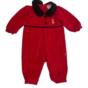 VTG 90s Classic Pooh Romper 6M Embroidered Velour Peter Pan Collar Babydoll Twee